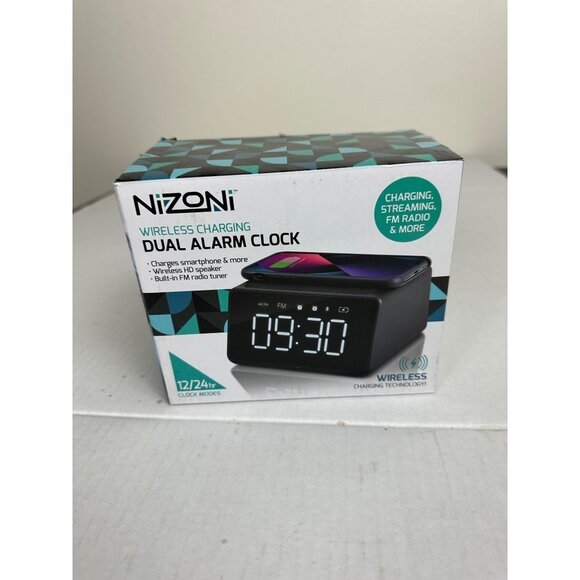 Nizoni Wireless Charging Dual Alarm Clock, USB Type C Charging Port  OS Black Ne - Picture 3 of 10